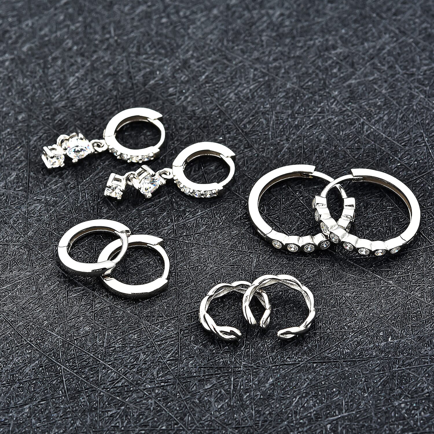 Set of Cuff, Dangle, Drop, Huggie Hoop Earrings for Women in Platinum plated Sterling Silver - 4 Pairs