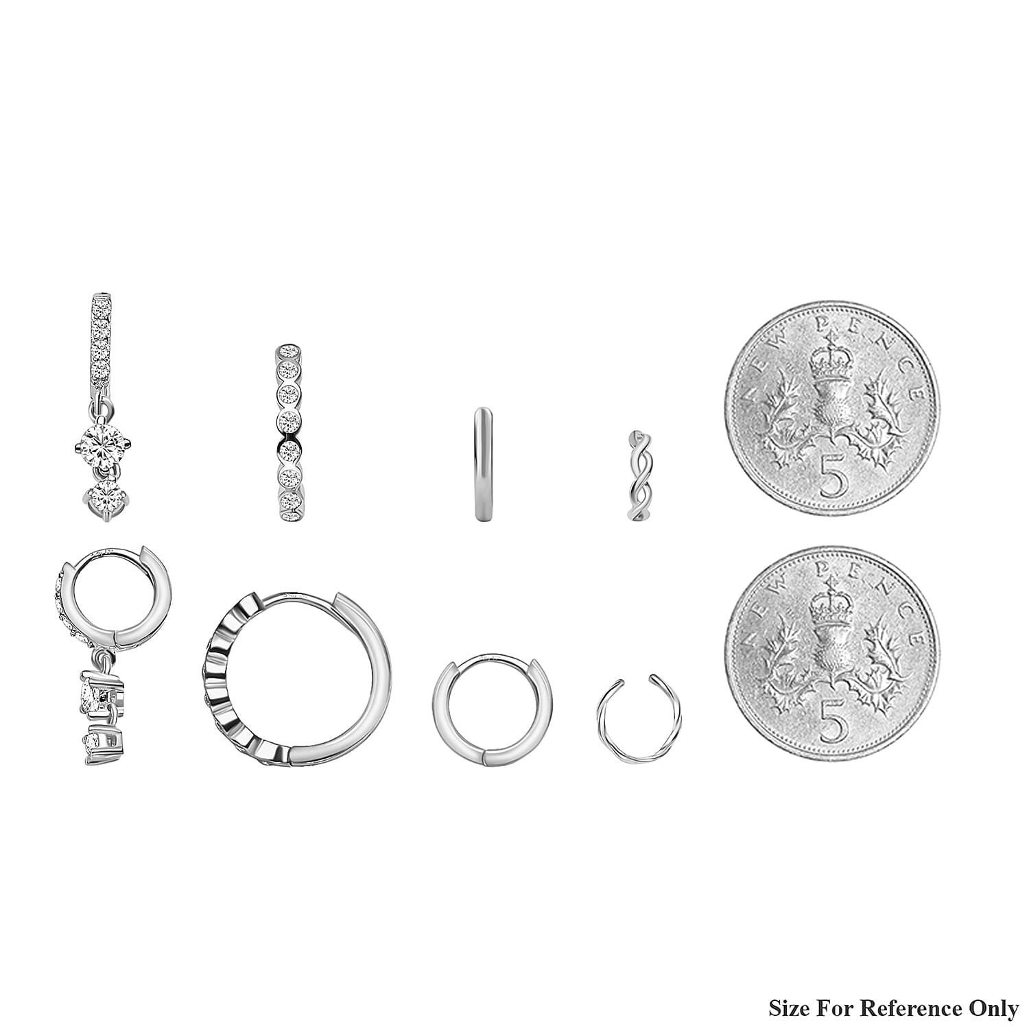 Set of Cuff, Dangle, Drop, Huggie Hoop Earrings for Women in Platinum plated Sterling Silver - 4 Pairs