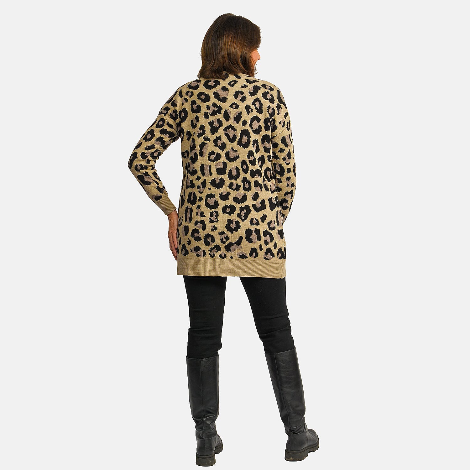 TAMSY 100% Acrylic Leopard Print Cardigan (Size M) - Grey and Black