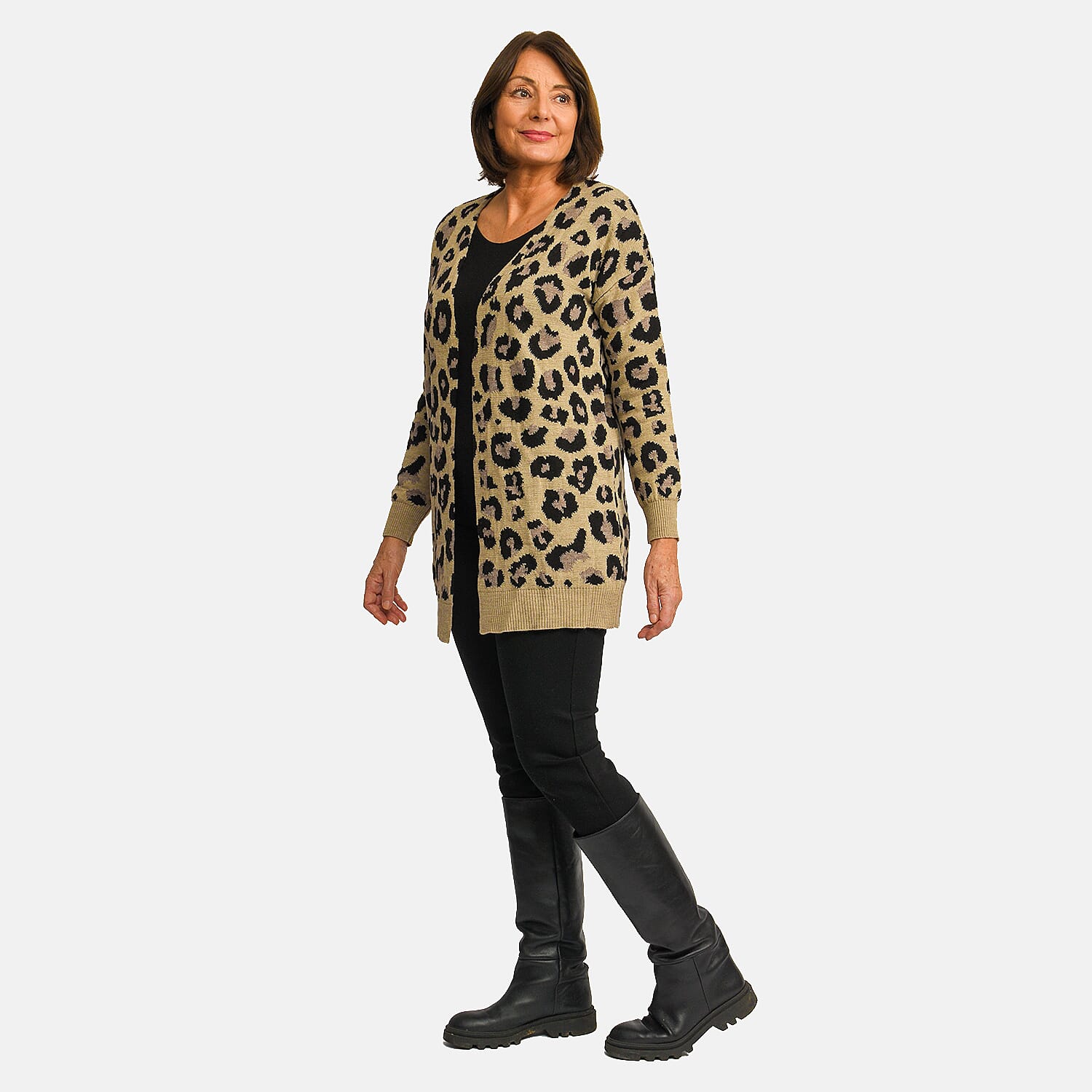 TAMSY 100% Acrylic Leopard Print Cardigan (Size M) - Grey and Black