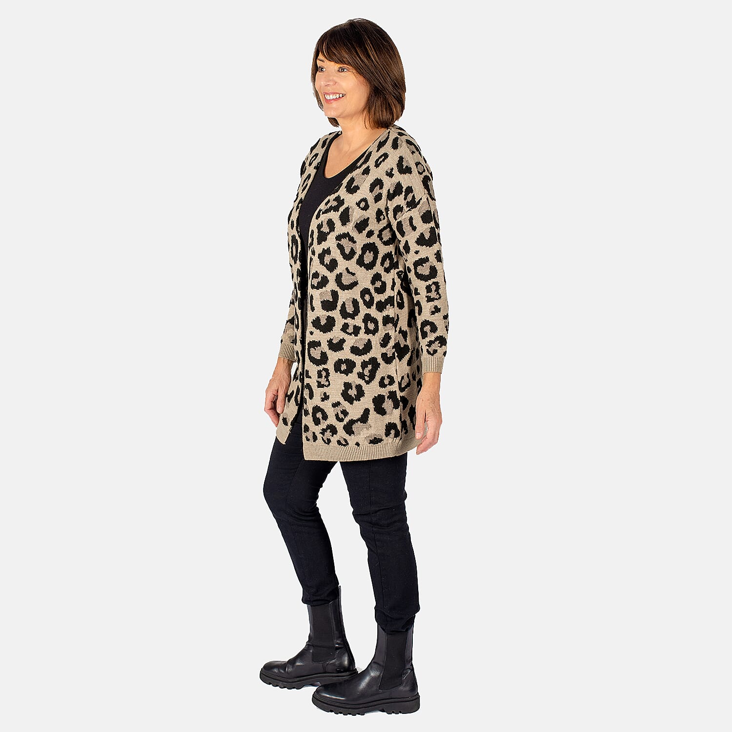 TAMSY 100% Acrylic Leopard Print Cardigan (Size S) - Peach and Black