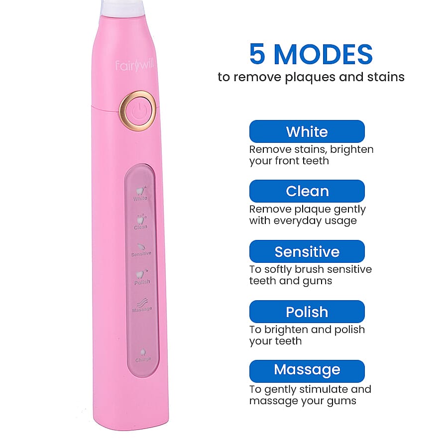 Sonic Electric Toothbrush with 4 Interchangeable Heads and USB Charging Cable (Size 23x3 Cm) - Pink
