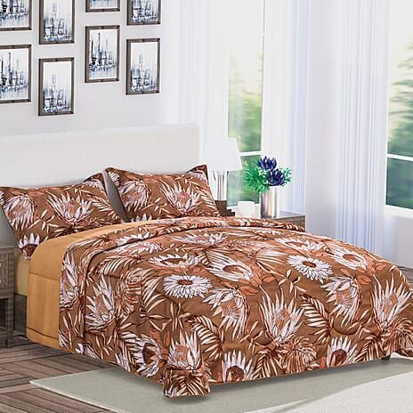 4 Piece Set - Digital Floral Printed Comforter (Size 225x220cm), Fitted Sheet (Size 190x140cm) and 2 Pillowcase (Size 70x50cm) - Gold (Double)