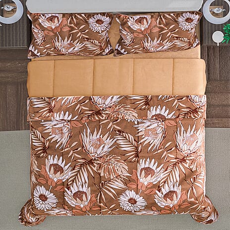 4 Piece Set - Digital Floral Printed Comforter (Size 225x220cm), Fitted Sheet (Size 190x140cm) and 2 Pillowcase (Size 70x50cm) - Gold (Double)