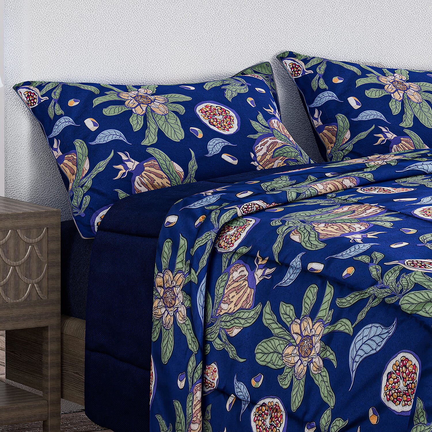 3 Piece Set - Floral Digital Printed Duvet Cover and Pillowcase - Navy