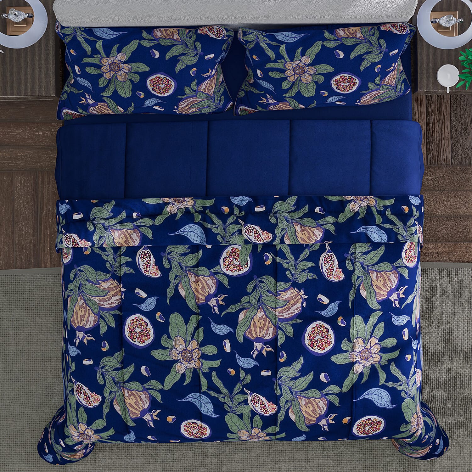 3 Piece Set - Floral Digital Printed Duvet Cover and Pillowcase - Navy