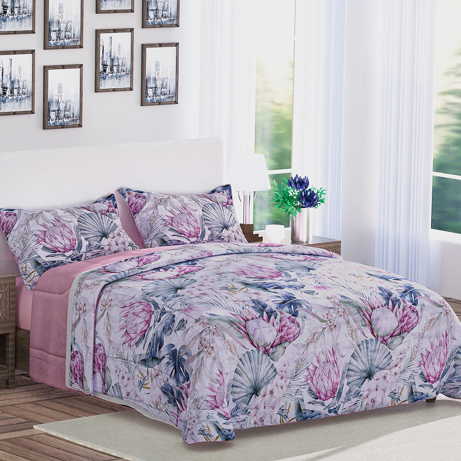 3 Piece Set - Floral Digital Printed Duvet Cover and Pillowcase - Navy