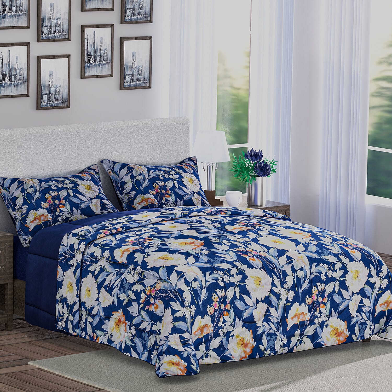 3 Piece Set - Floral Digital Printed Duvet Cover and Pillowcase - Navy