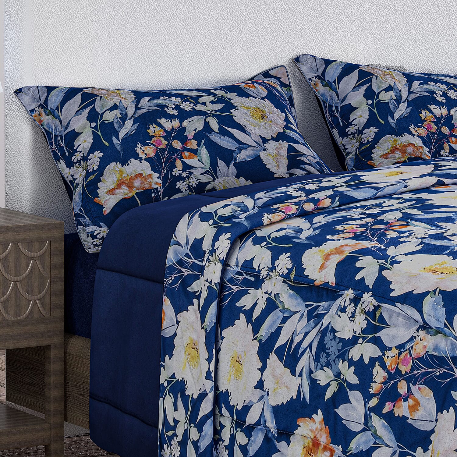 3 Piece Set - Floral Digital Printed Duvet Cover and Pillowcase - Navy