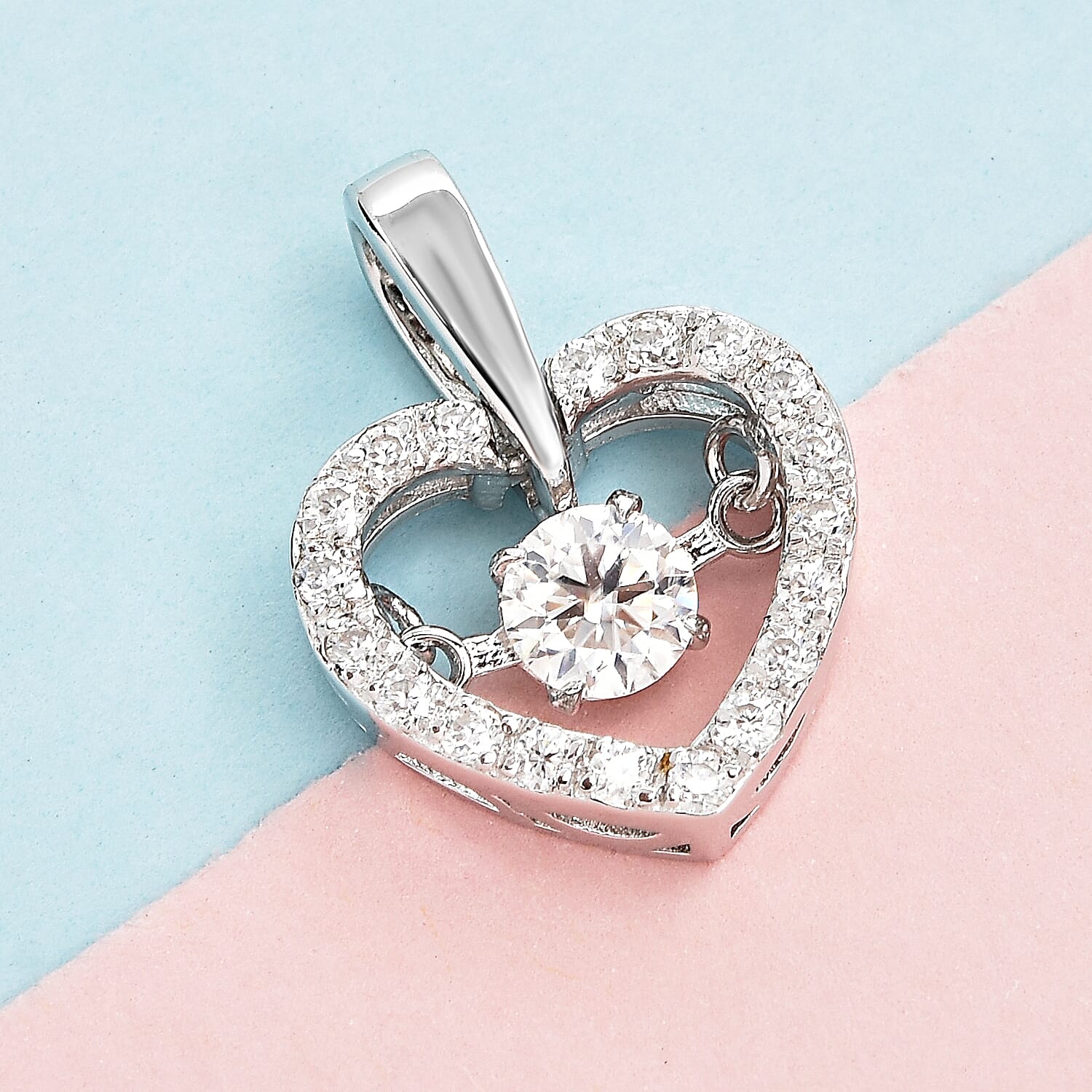 Moissanite Heart Pendant in Rhodium Overlay Sterling Silver