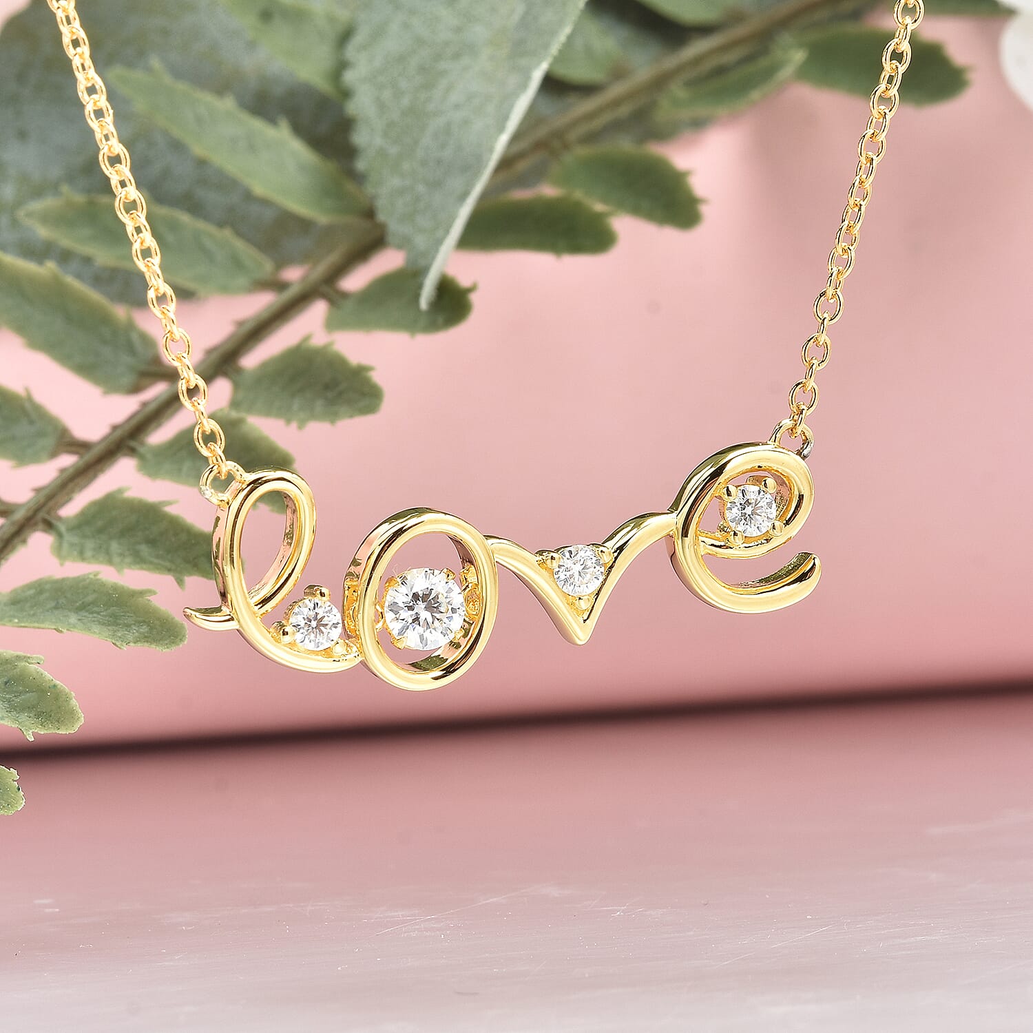 Moissanite Love Necklace (Size - 18) in Yellow Gold Overlay Sterling Silver