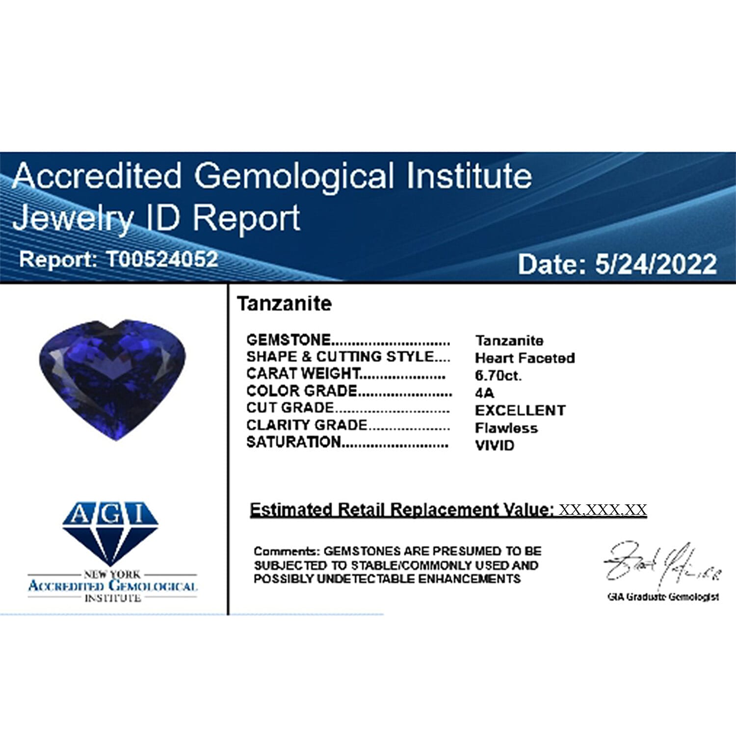 AGI Certified 6.5 Carat Tanzanite Loose Gemstone in Heart Cut