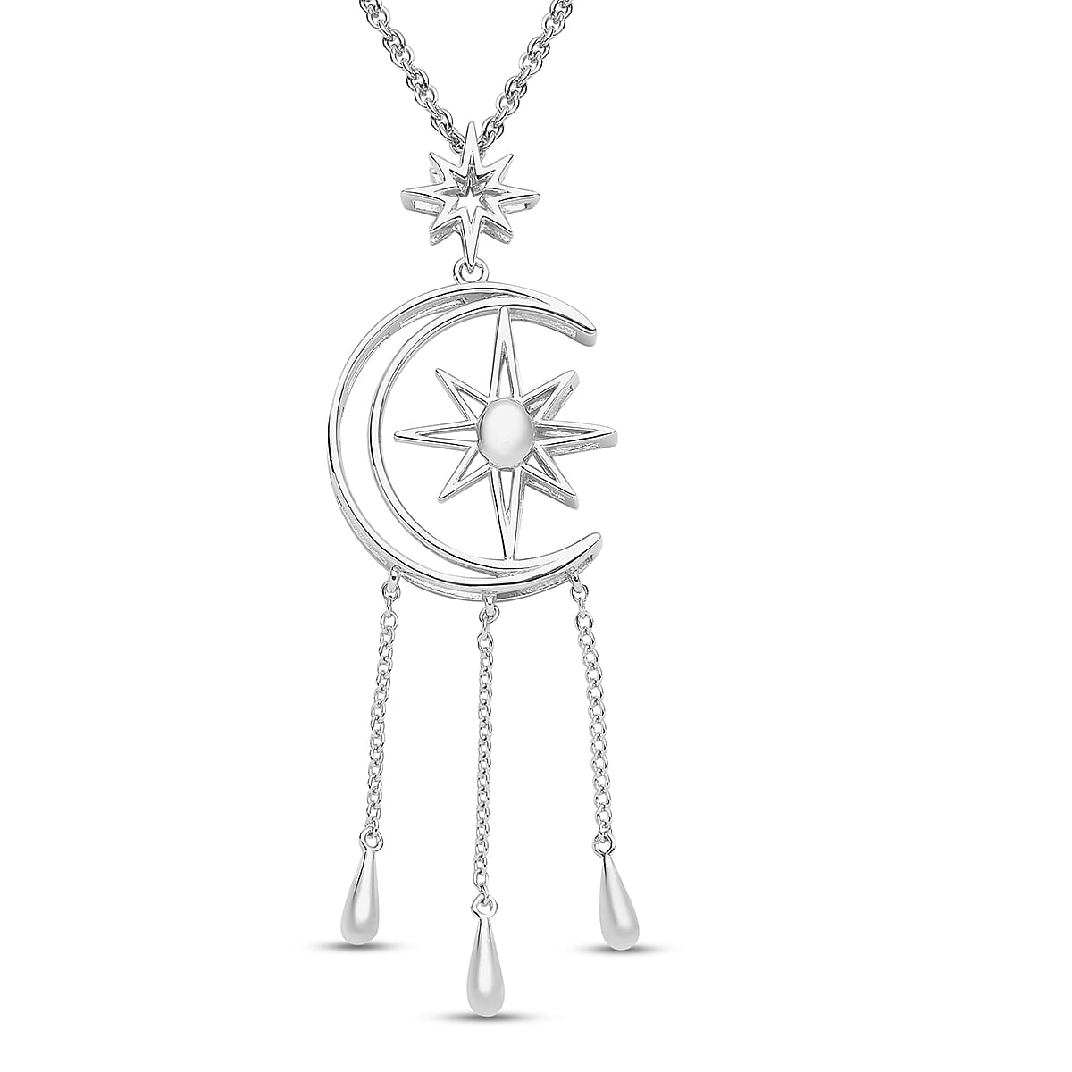 LucyQ Constellation Collection - Rhodium Overlay Sterling Silver Moon & Star Necklace (Size 16/18/20).