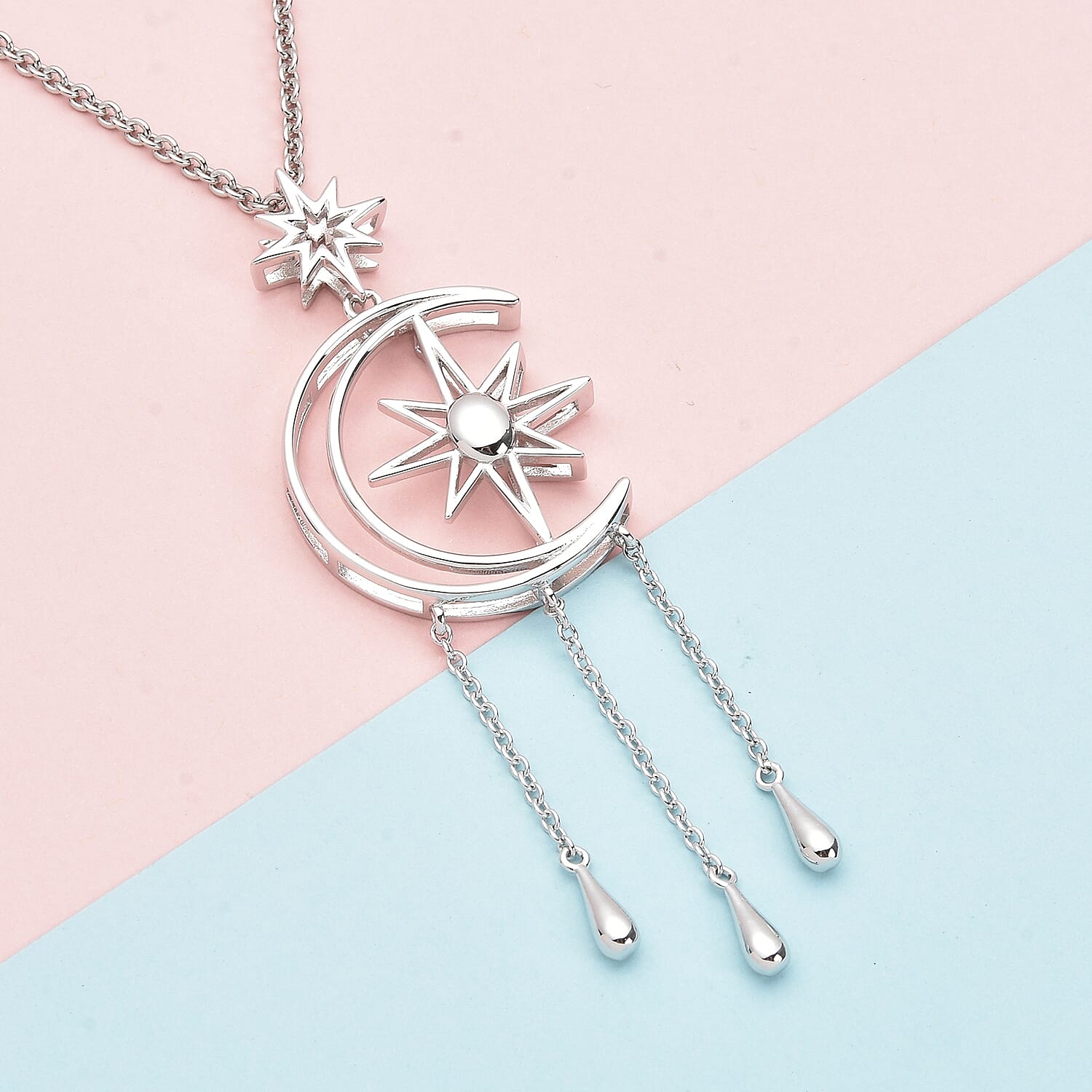 LucyQ Constellation Collection - Rhodium Overlay Sterling Silver Moon & Star Necklace (Size 16/18/20).