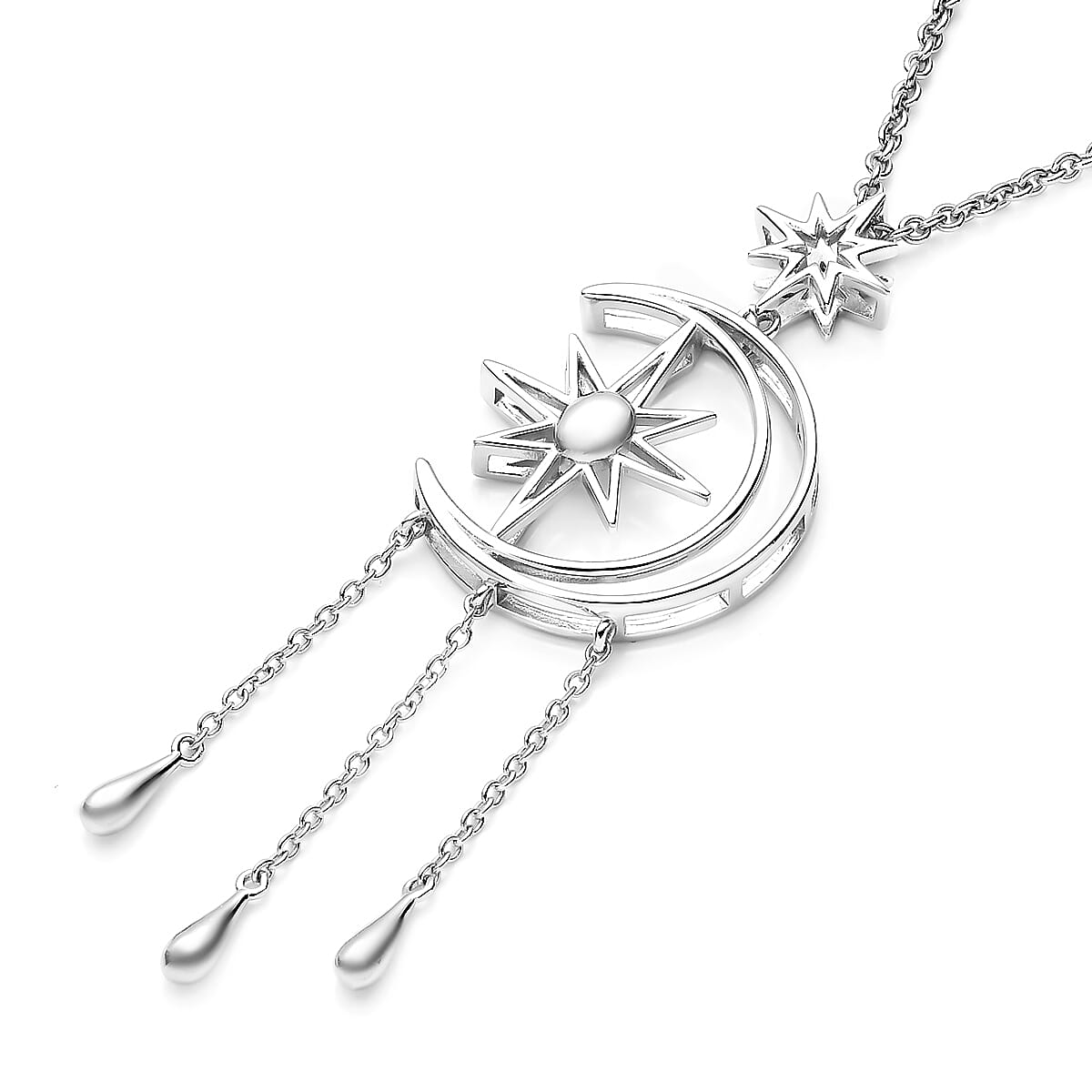 LucyQ Constellation Collection - Rhodium Overlay Sterling Silver Moon & Star Necklace (Size 16/18/20).