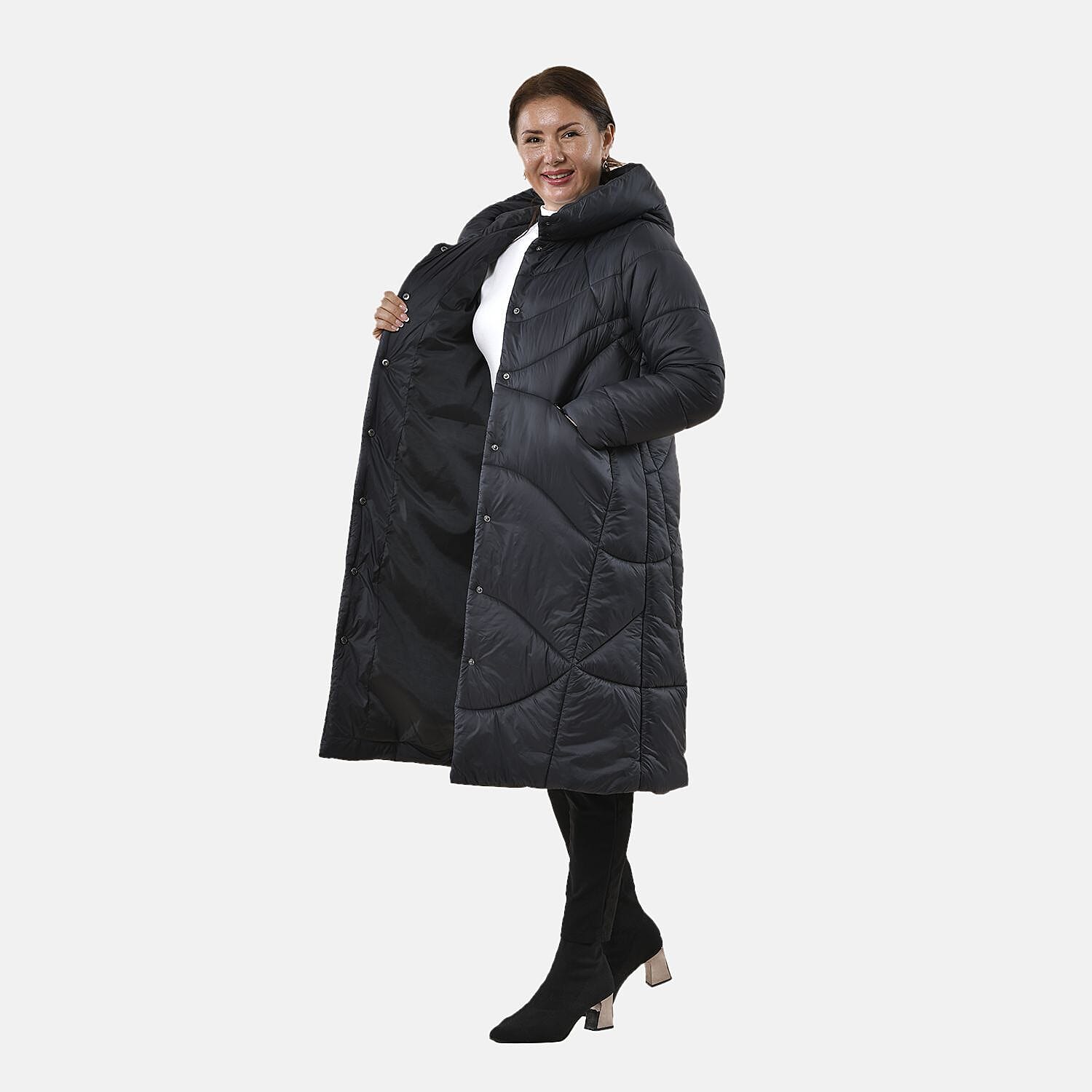 TAMSY Quilted Hooded Long Puffer Jacket (Size M,12-14) - Black