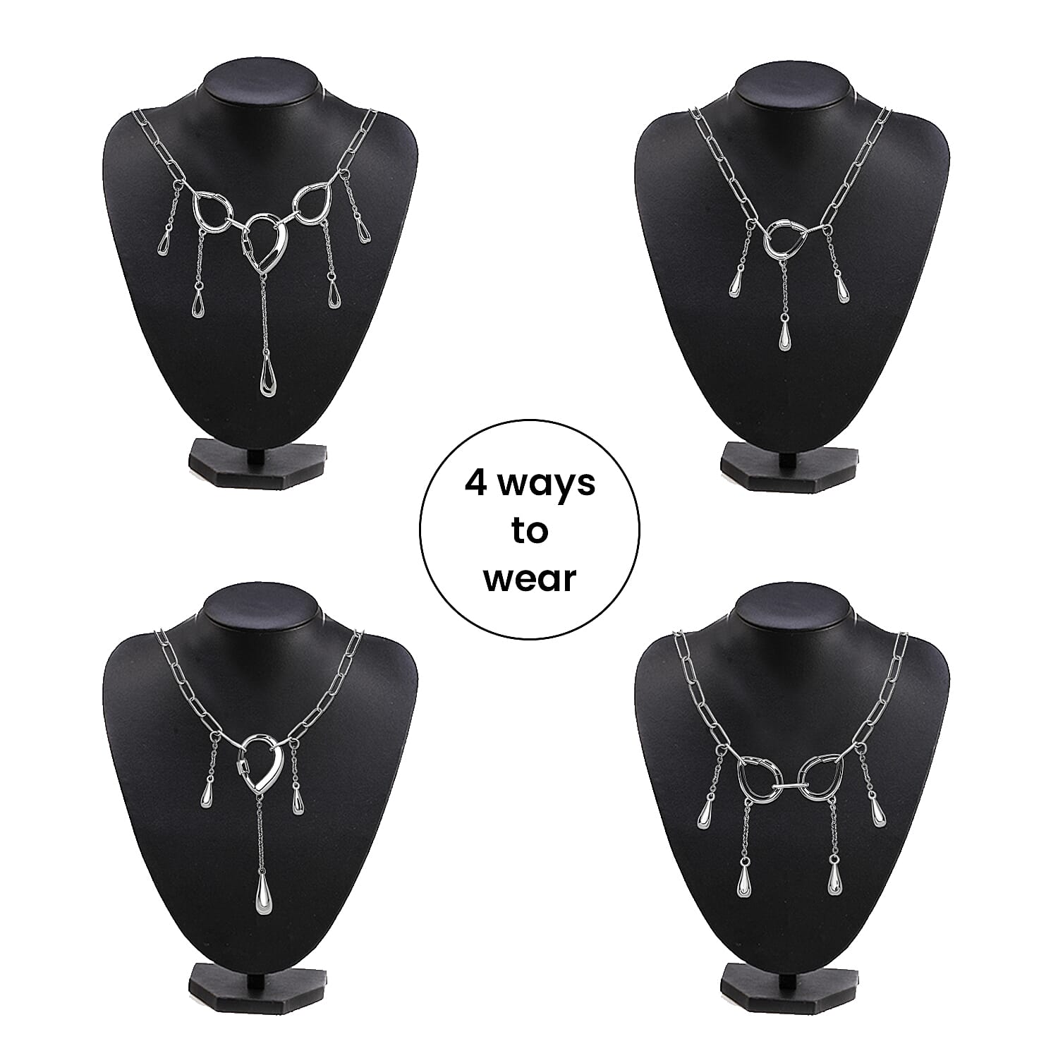 LucyQ Paper Clip Drip Collection - 4 in 1 Wear Rhodium Overlay Sterling Silver Detachable Necklace (Size 20)