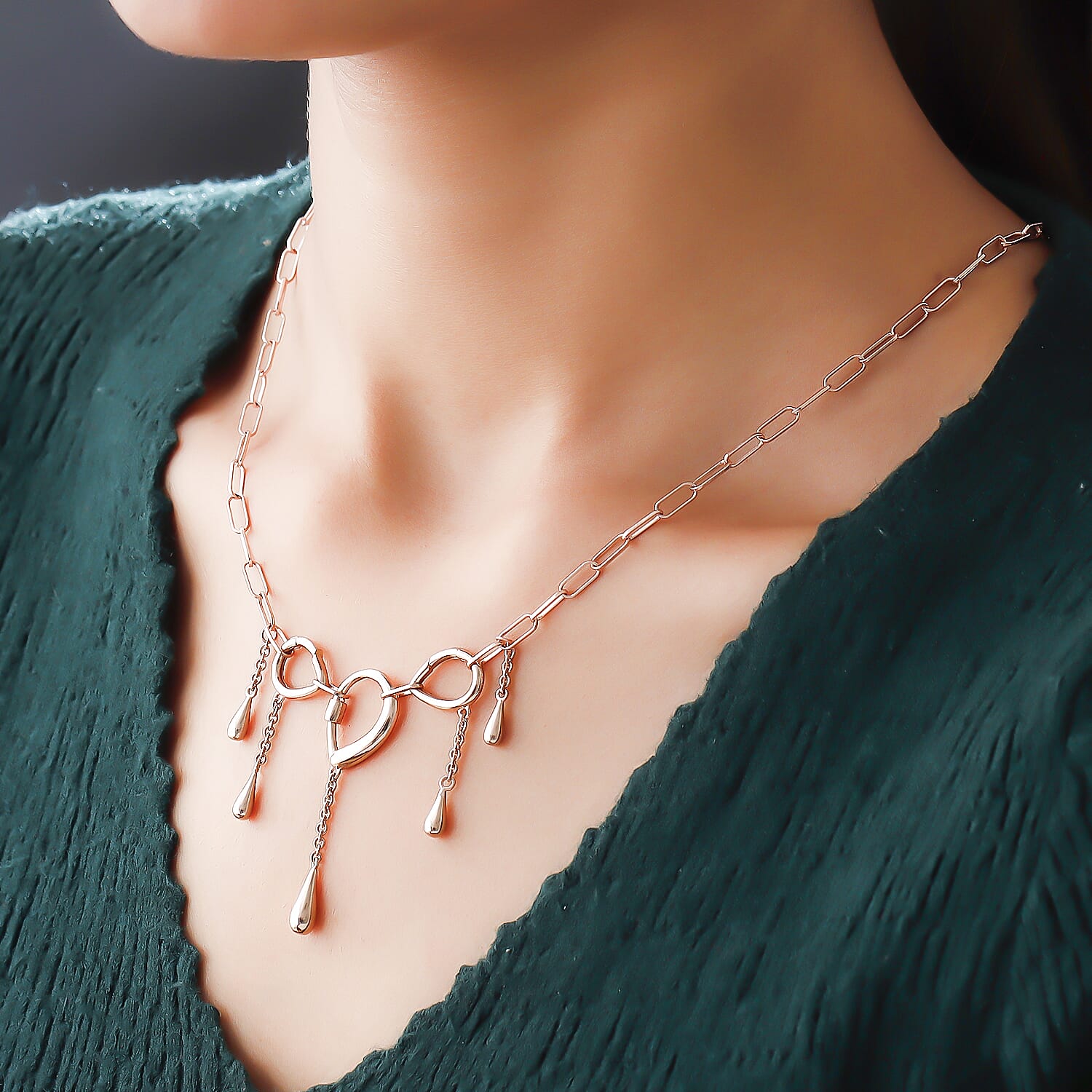 LucyQ Paper Clip Drip Collection - 4 in 1 Wear 18K Vermeil Rose Gold Overlay Sterling Silver Necklace (Size - 20), Silver Wt. 10.48 Gms