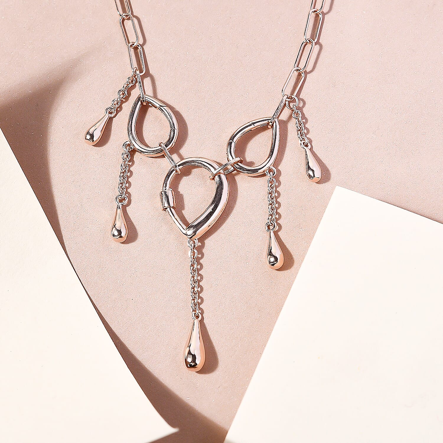 LucyQ Paper Clip Drip Collection - 4 in 1 Wear 18K Vermeil Rose Gold Overlay Sterling Silver Necklace (Size - 20), Silver Wt. 10.48 Gms
