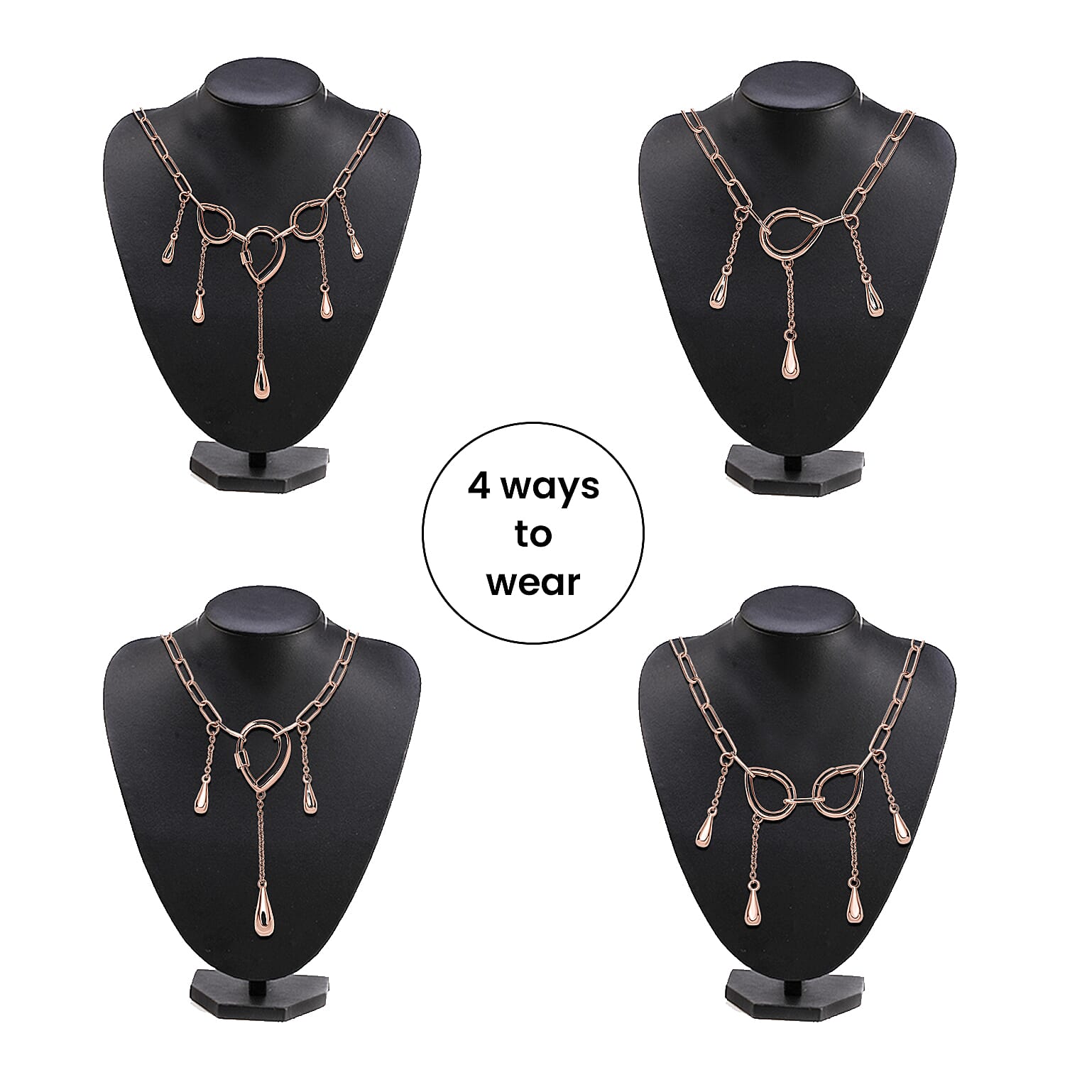 LucyQ Paper Clip Drip Collection - 4 in 1 Wear 18K Vermeil Rose Gold Overlay Sterling Silver Necklace (Size - 20), Silver Wt. 10.48 Gms