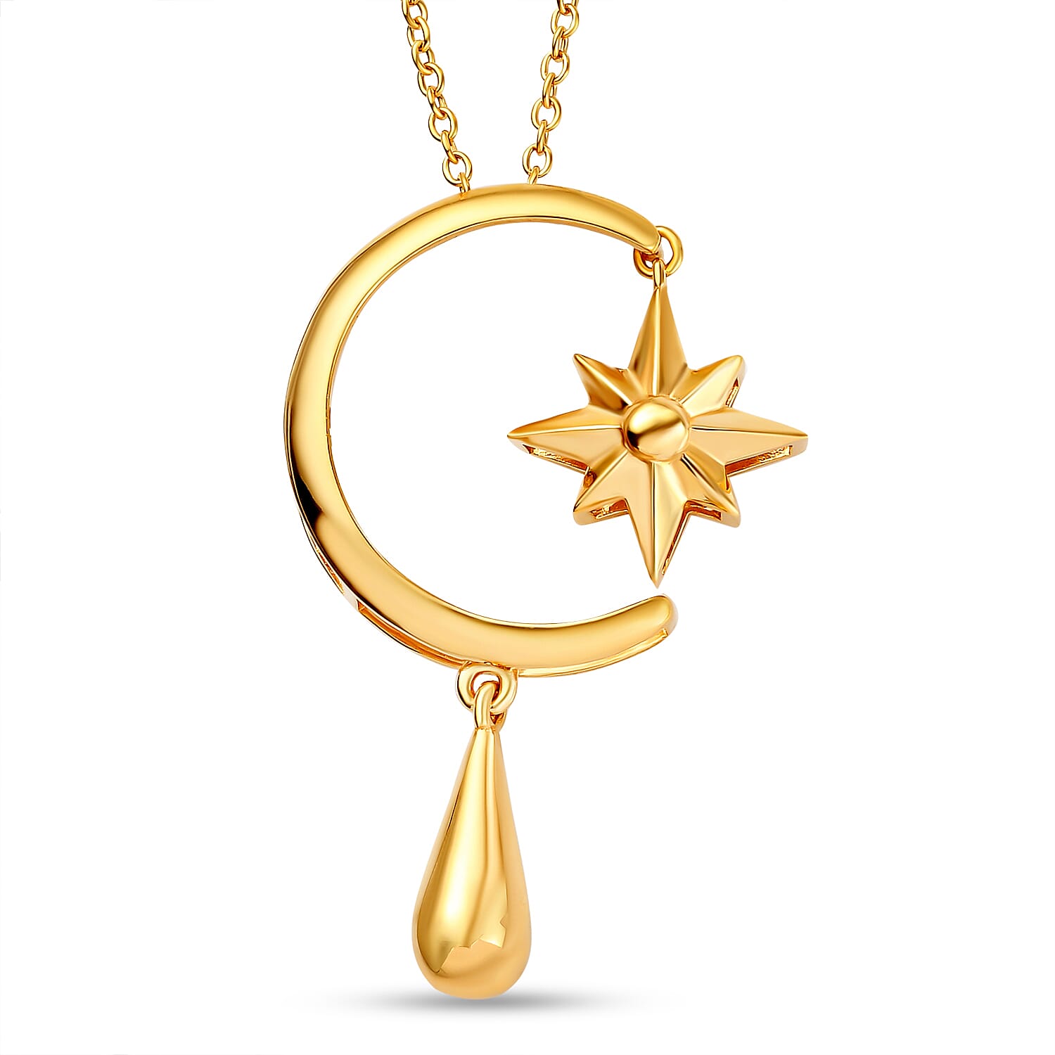 LucyQ Constellation Collection - 18K Vermeil Yellow Gold Overlay Sterling Silver Moon & Star Pendant with Chain (Size 16-18-20),