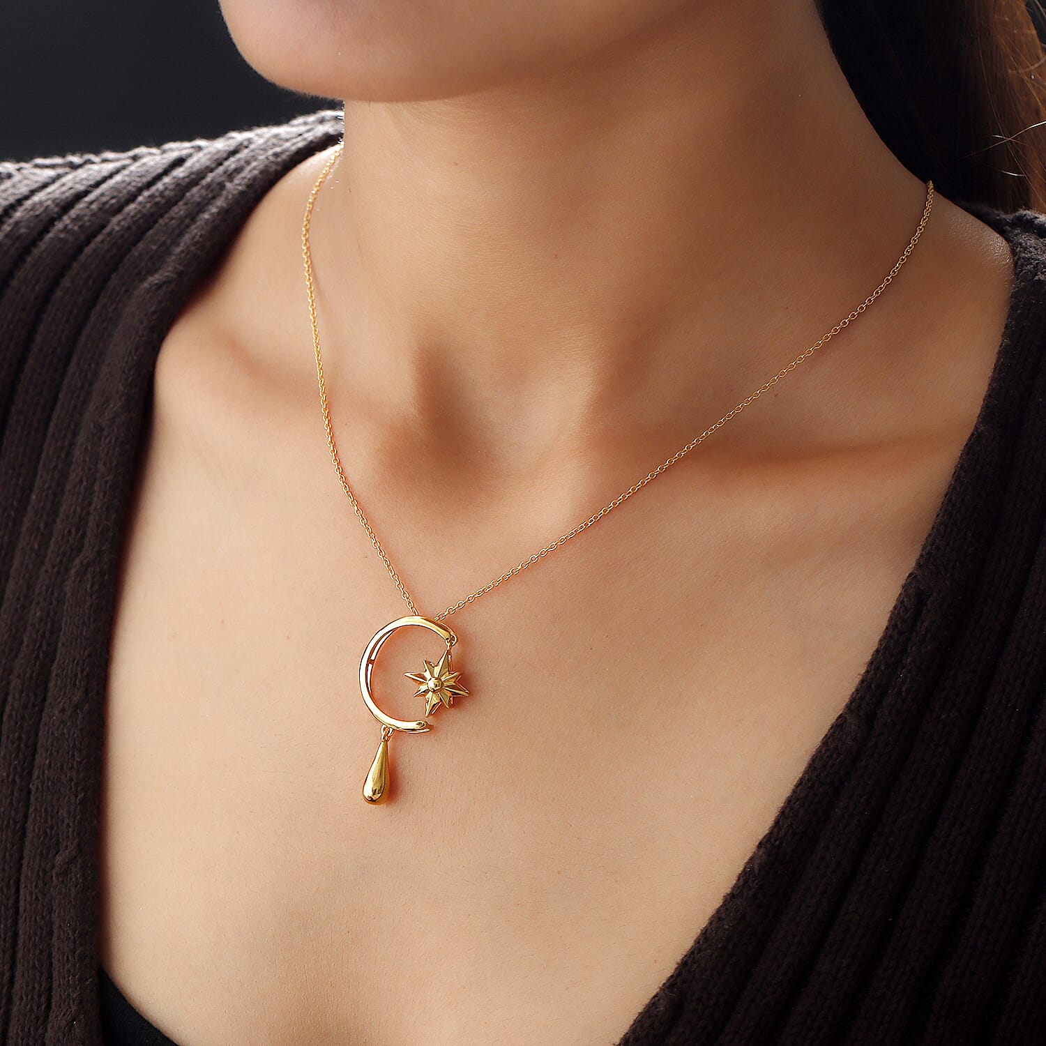 LucyQ Constellation Collection - 18K Vermeil Yellow Gold Overlay Sterling Silver Moon & Star Pendant with Chain (Size 16-18-20),