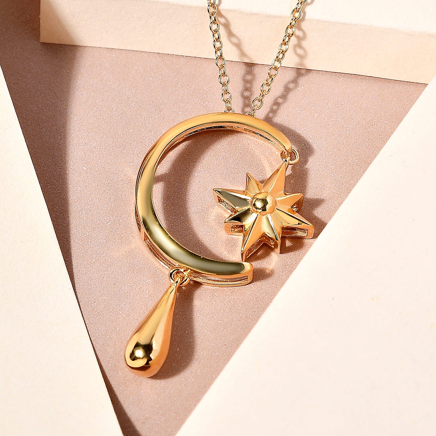 LucyQ Constellation Collection - 18K Vermeil Yellow Gold Overlay Sterling Silver Moon & Star Pendant with Chain (Size 16-18-20),