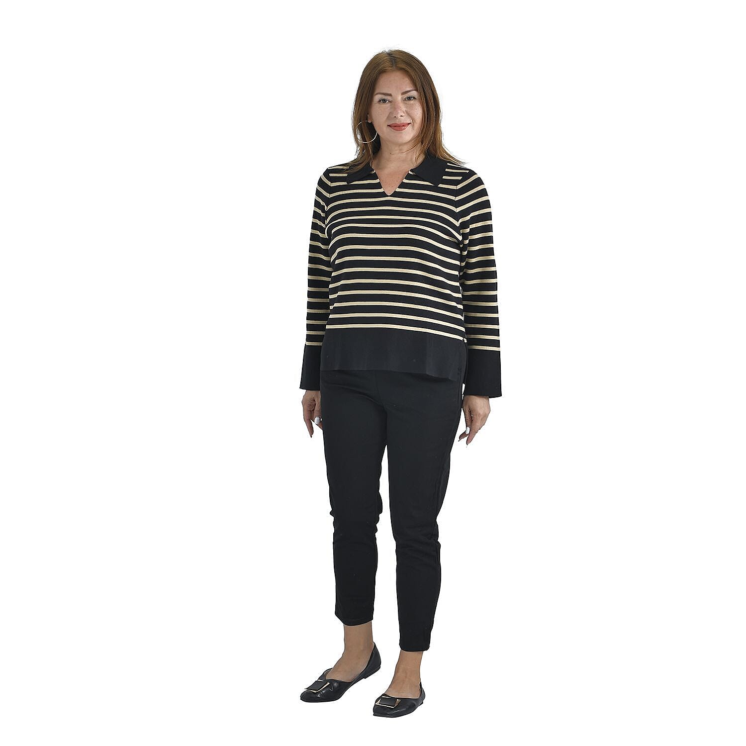 TAMSY Cotton Blend Stripe Knit Jumper (Size L,16-18) - Black & Beige