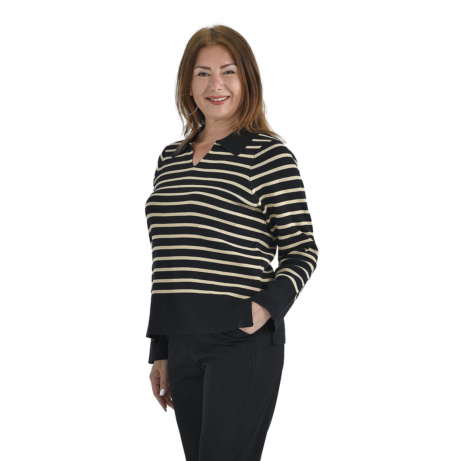 TAMSY Cotton Blend Stripe Knit Jumper (Size L,16-18) - Black & Beige