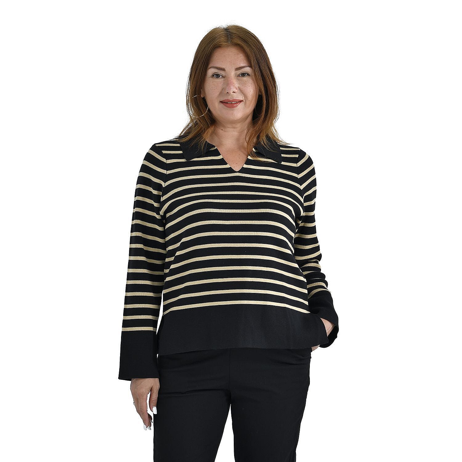 TAMSY Cotton Blend Stripe Knit Jumper (Size L,16-18) - Black & Beige