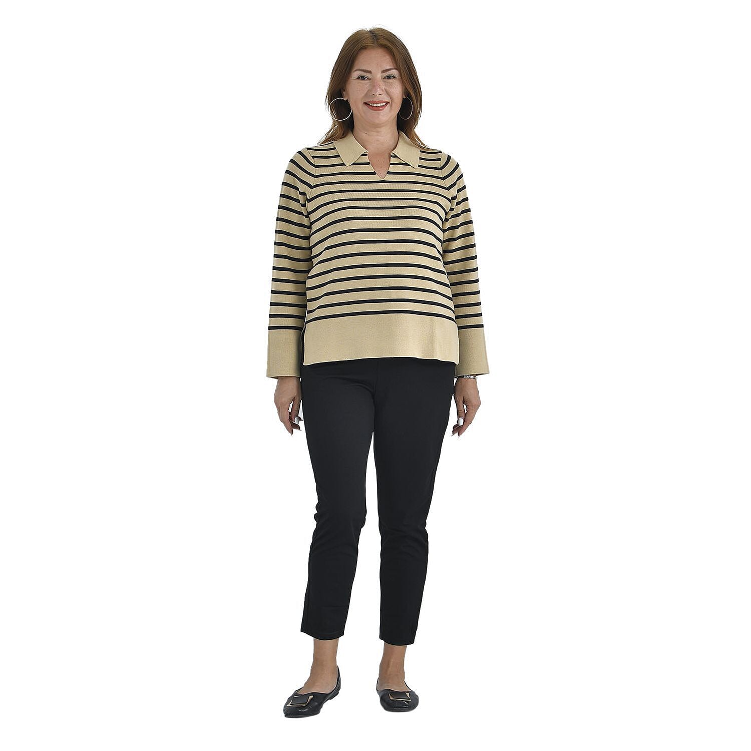 Tamsy Cotton Rich Breton Knit Jumper (Size S,8-10) - Beige & Black