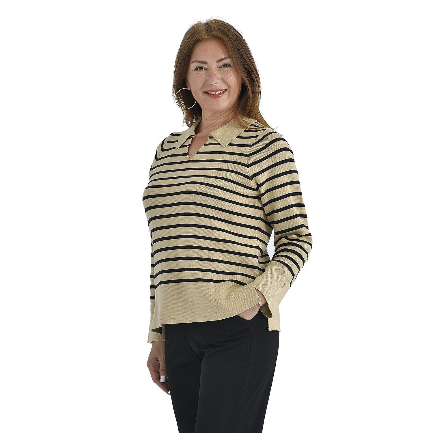 Tamsy Cotton Rich Breton Knit Jumper (Size S,8-10) - Beige & Black