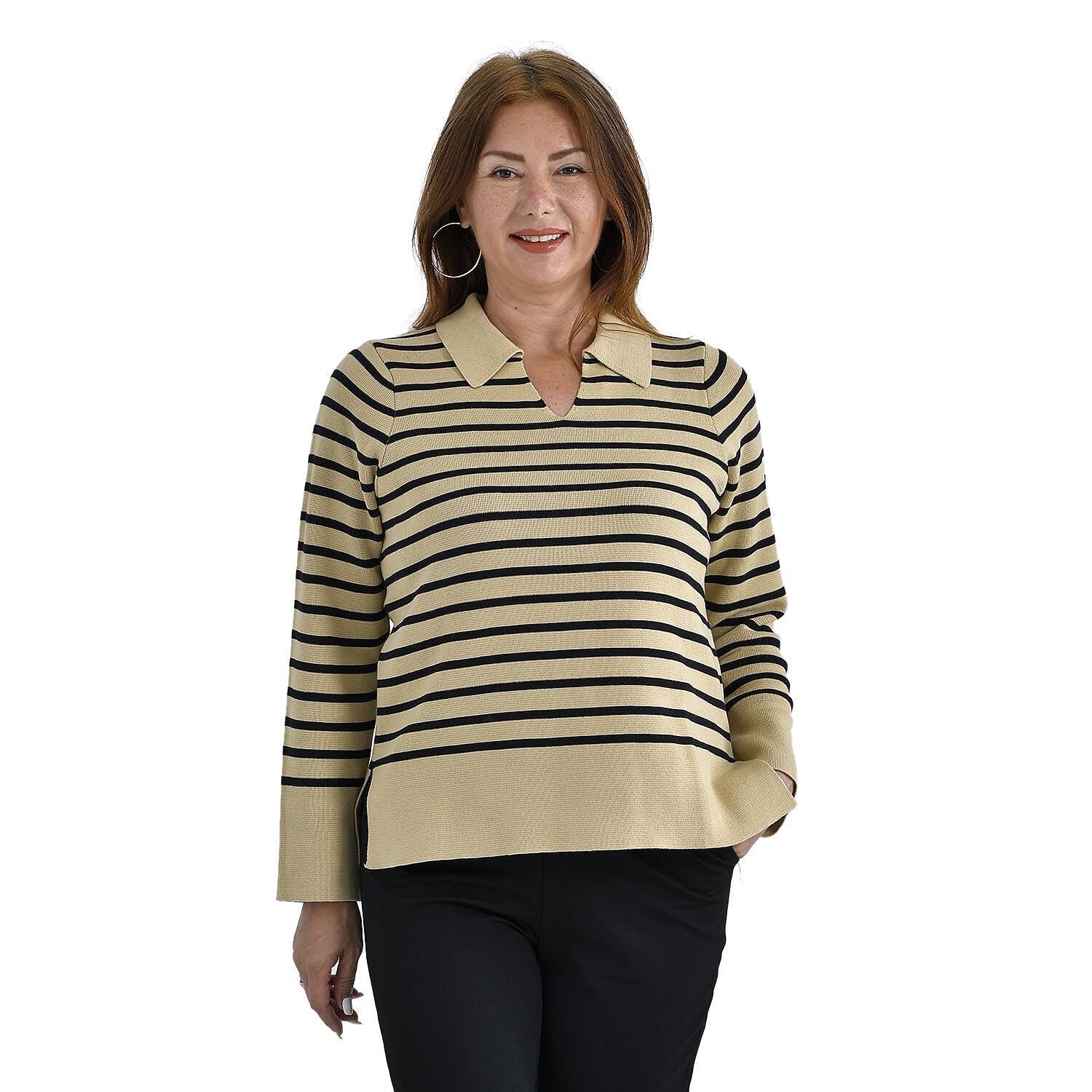 Tamsy Cotton Rich Breton Knit Jumper (Size S,8-10) - Beige & Black