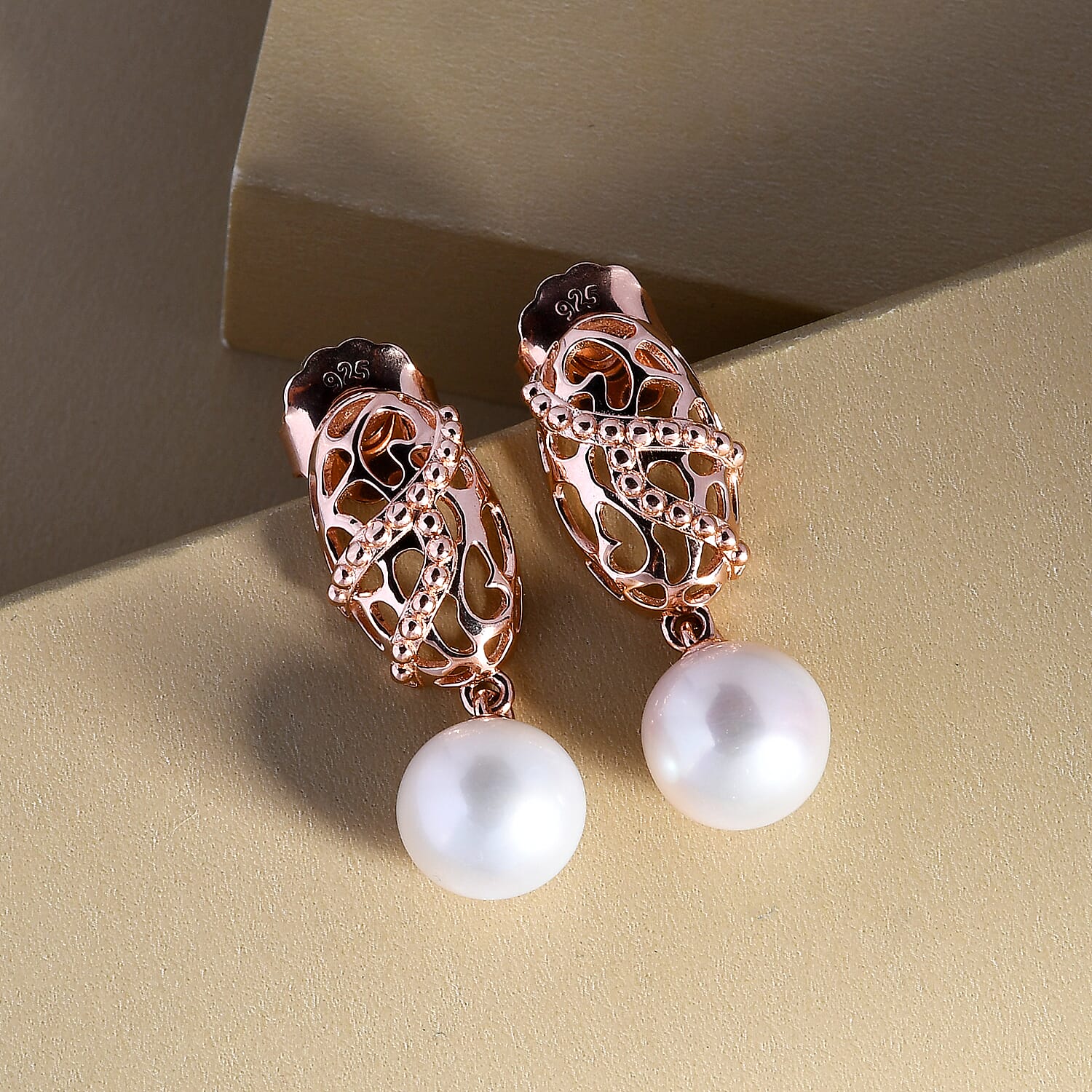 RACHEL GALLEY White Edison Pearl Drop Earrings in Vermeil Rose Gold Plated Sterling Silver