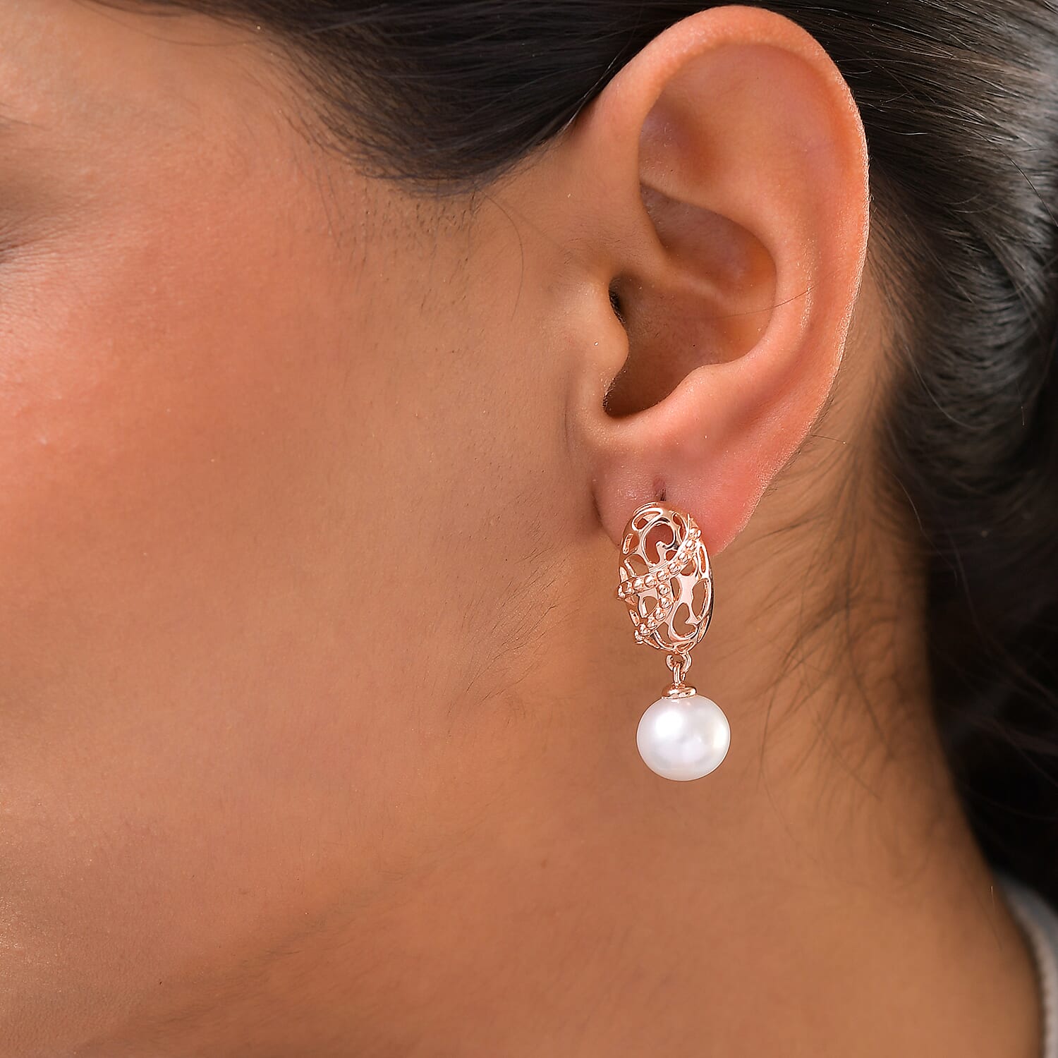 RACHEL GALLEY White Edison Pearl Drop Earrings in Vermeil Rose Gold Plated Sterling Silver