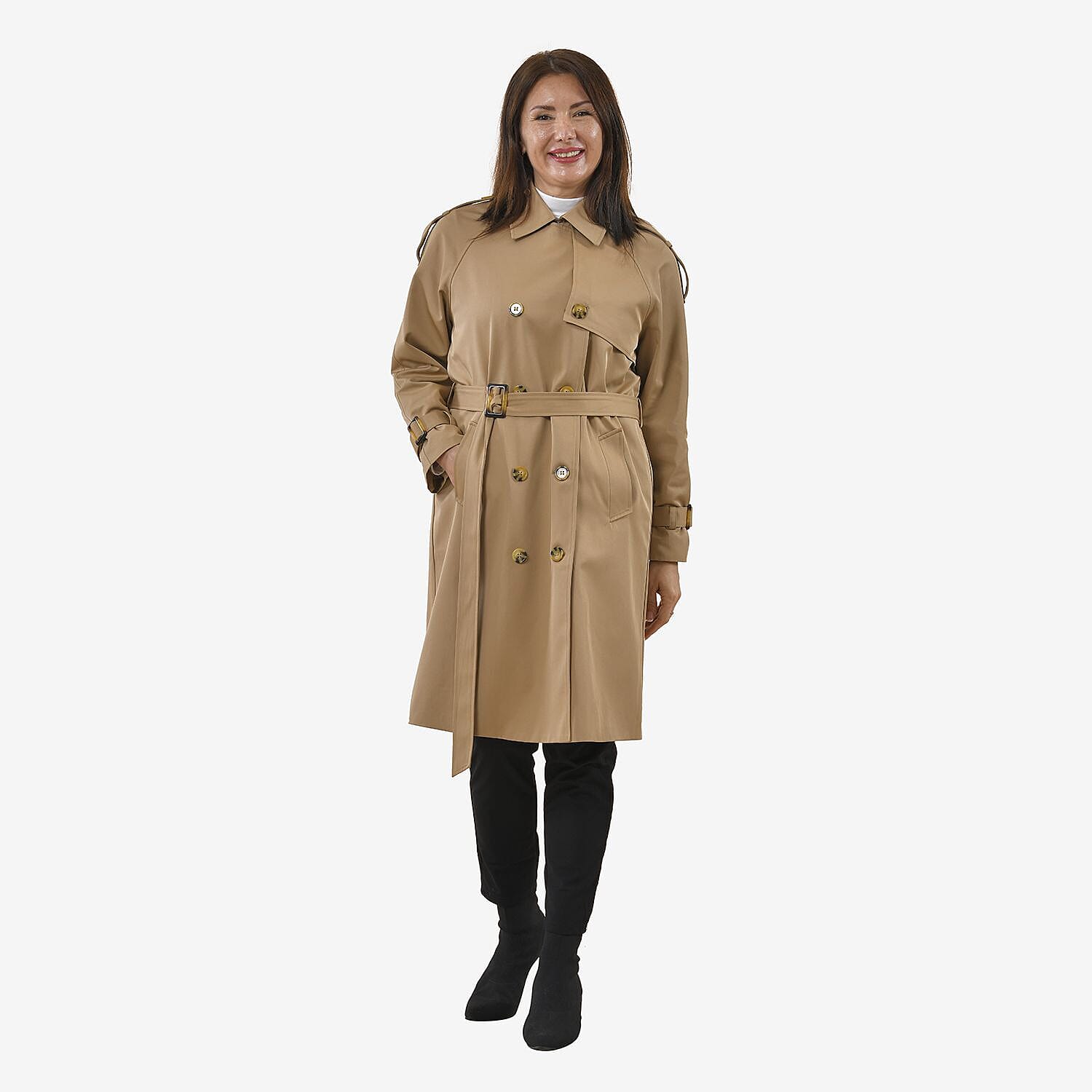 TAMSY Trench Coat with 2 Adjustable Buckle Cuffs and Waist Belt (Size M, 12-14) - Khaki