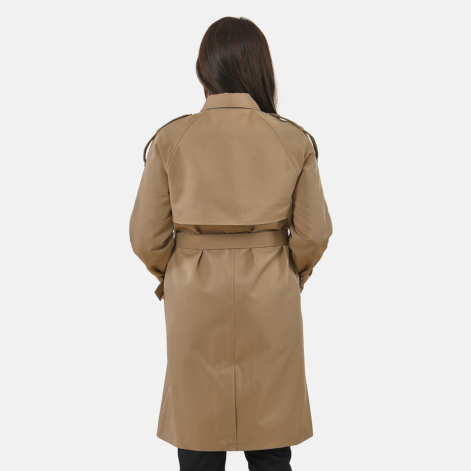 TAMSY Trench Coat with 2 Adjustable Buckle Cuffs and Waist Belt (Size M, 12-14) - Khaki