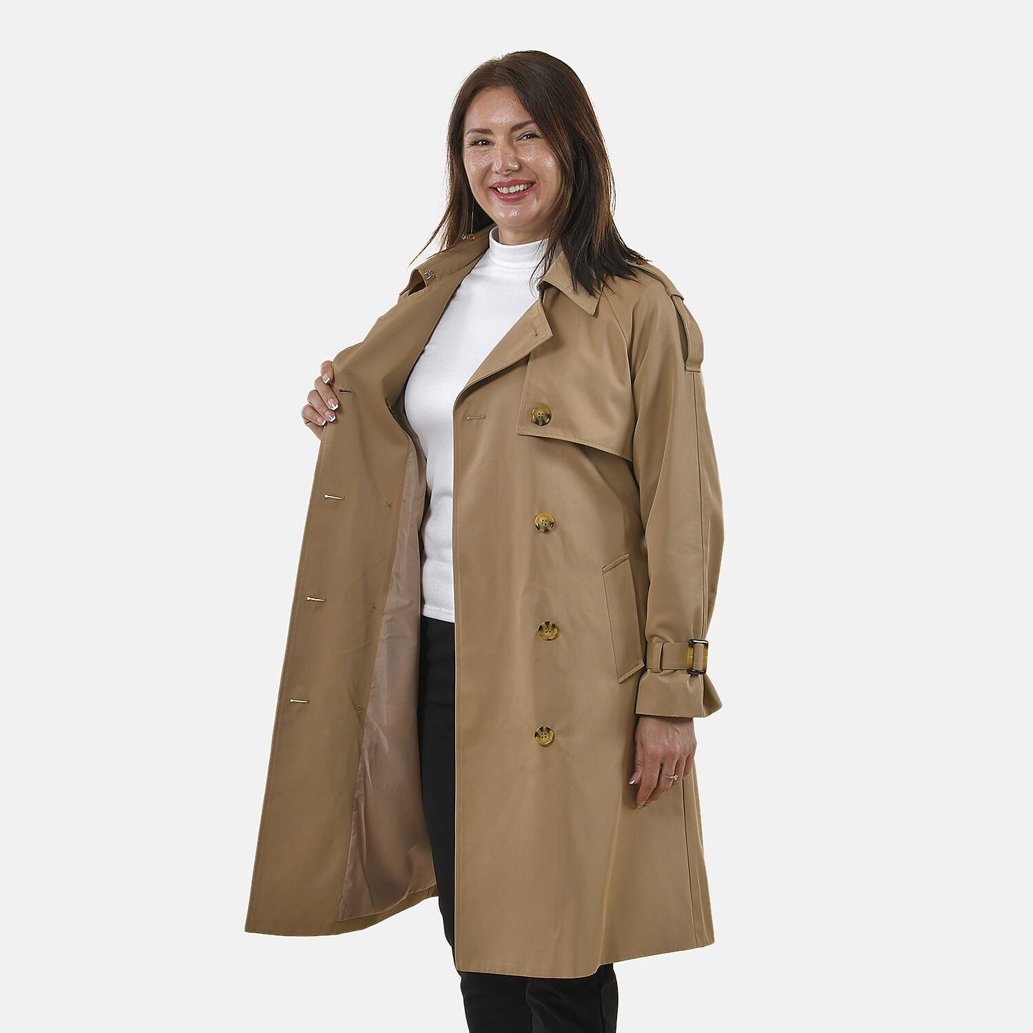 TAMSY Trench Coat with 2 Adjustable Buckle Cuffs and Waist Belt (Size M, 12-14) - Khaki