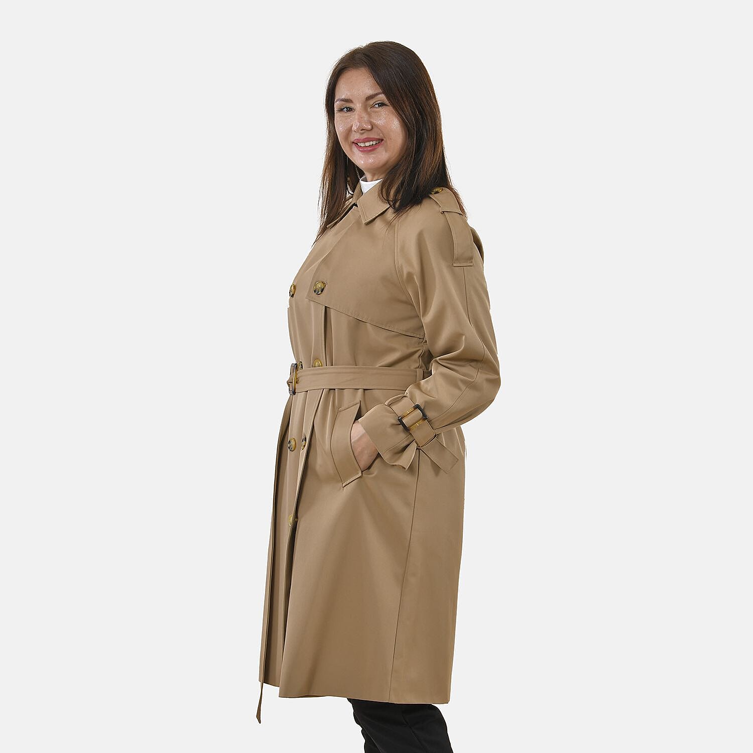 TAMSY Trench Coat with 2 Adjustable Buckle Cuffs and Waist Belt (Size M, 12-14) - Khaki