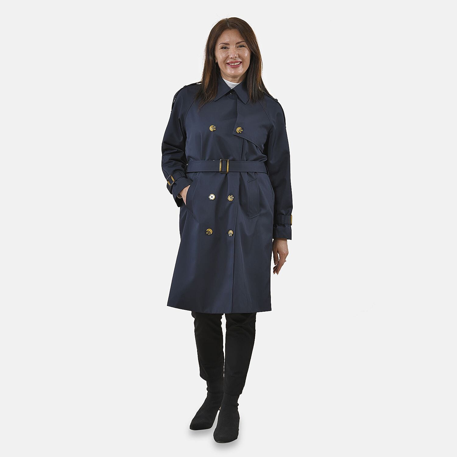 Tamsy Trench Solid Coat with 2 Side Pockets (Size XXL) - Navy