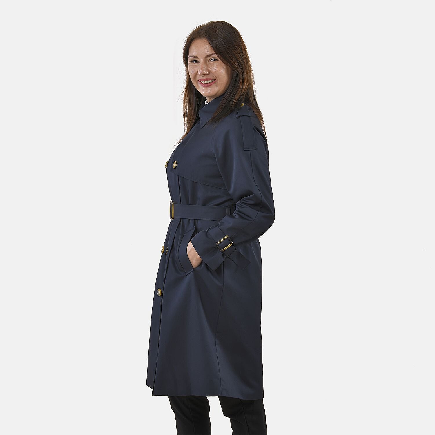 Tamsy Trench Solid Coat with 2 Side Pockets (Size XXL) - Navy