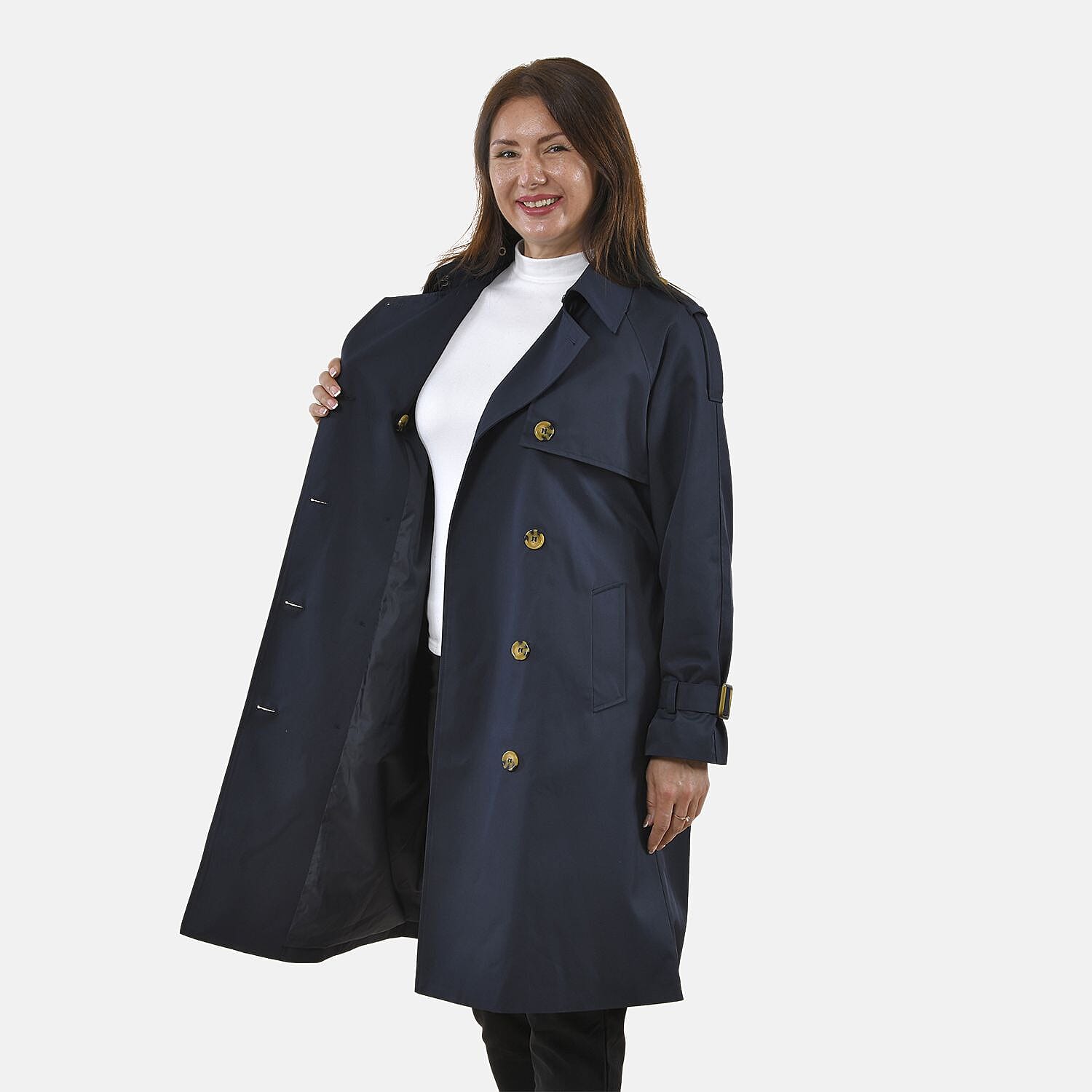 Tamsy Trench Solid Coat with 2 Side Pockets (Size XXL) - Navy