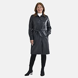 TAMSY Long Coat with Two Pockets and Adjustable Waist Belt - Black