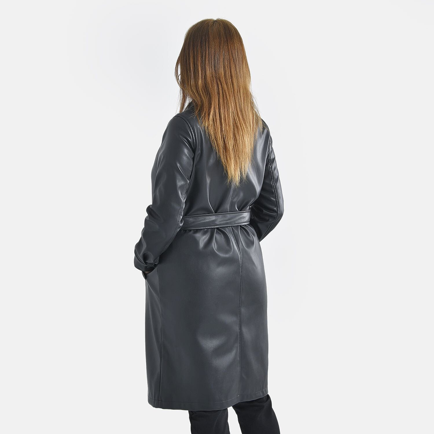 TAMSY Long Coat with Two Pockets and Adjustable Waist Belt (Size S 8-10) - Blue