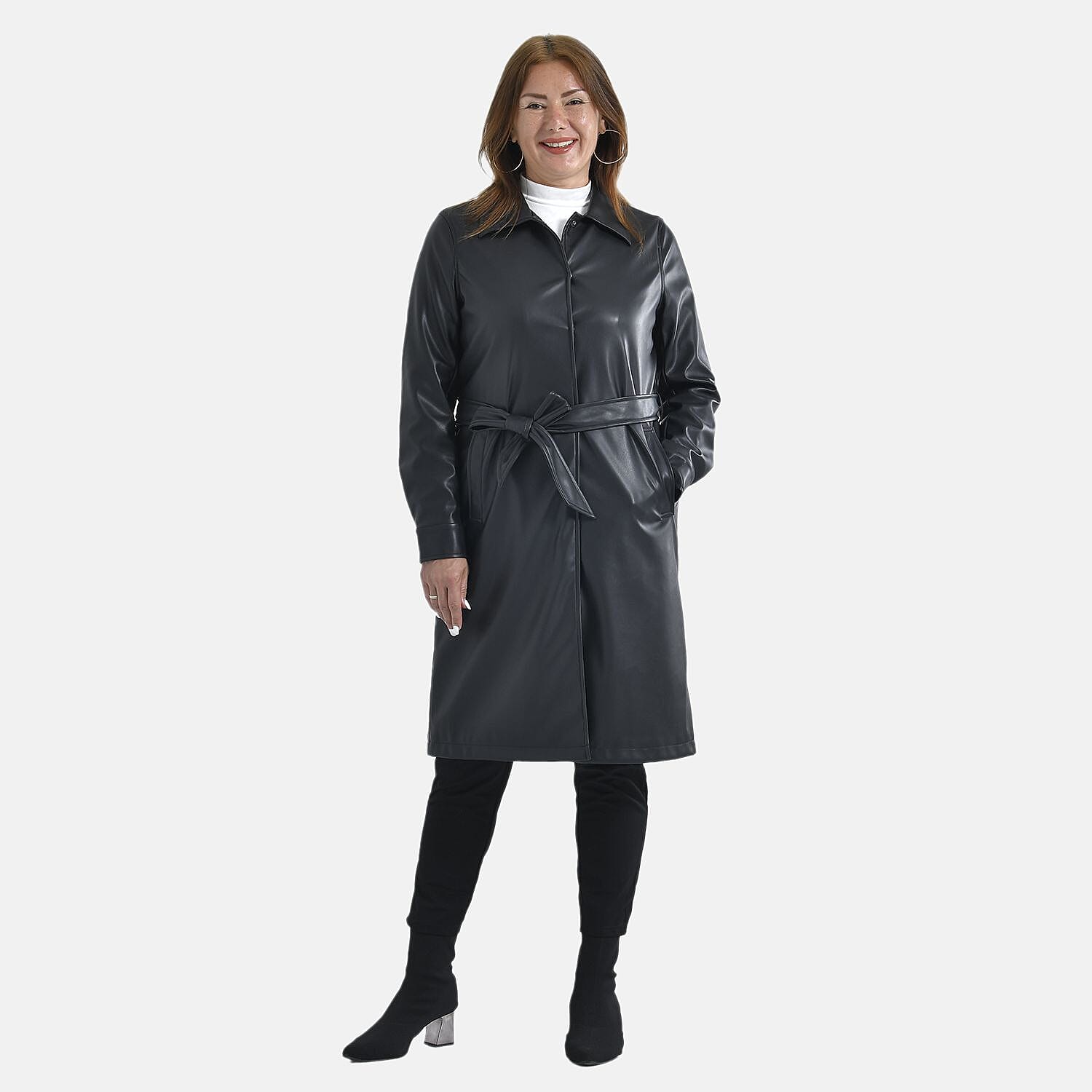 TAMSY Long Coat with Two Pockets and Adjustable Waist Belt (Size M, 12-14) - Black