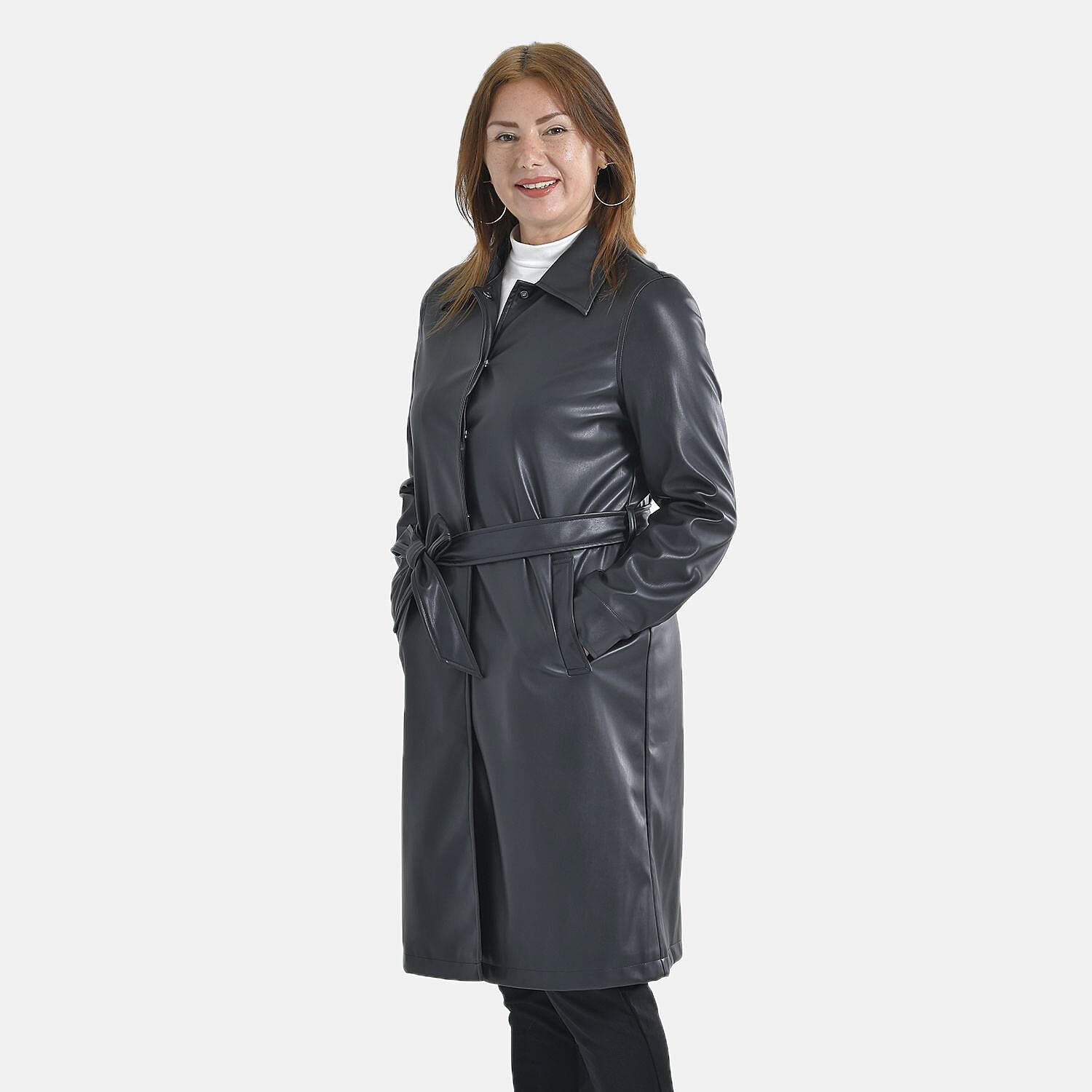 TAMSY Long Coat with Two Pockets and Adjustable Waist Belt (Size M, 12-14) - Black