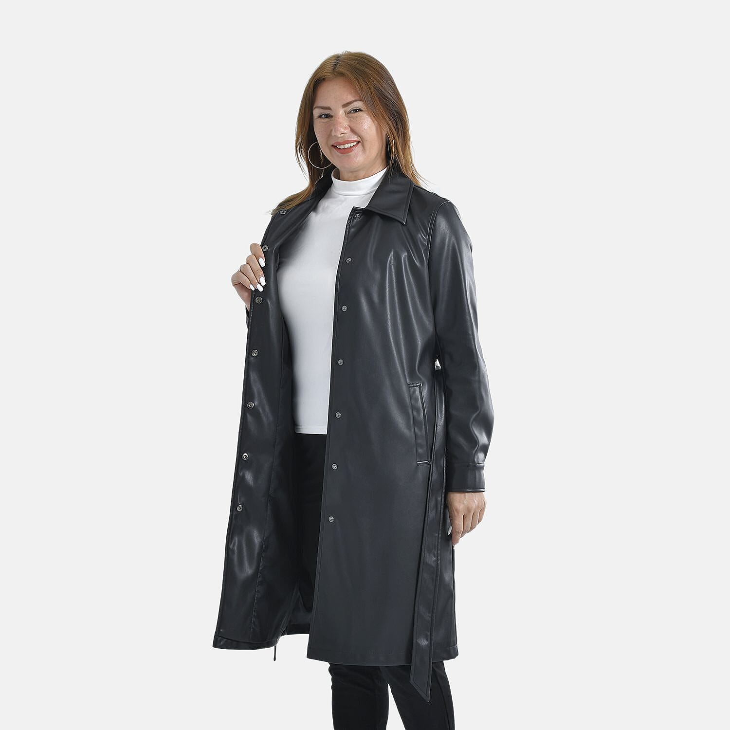 TAMSY Long Coat with Two Pockets and Adjustable Waist Belt (Size M, 12-14) - Black