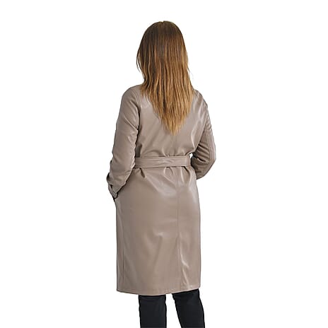 TAMSY Long Coat with Two Pockets and Adjustable Waist Belt (Size S,8-10) - Beige