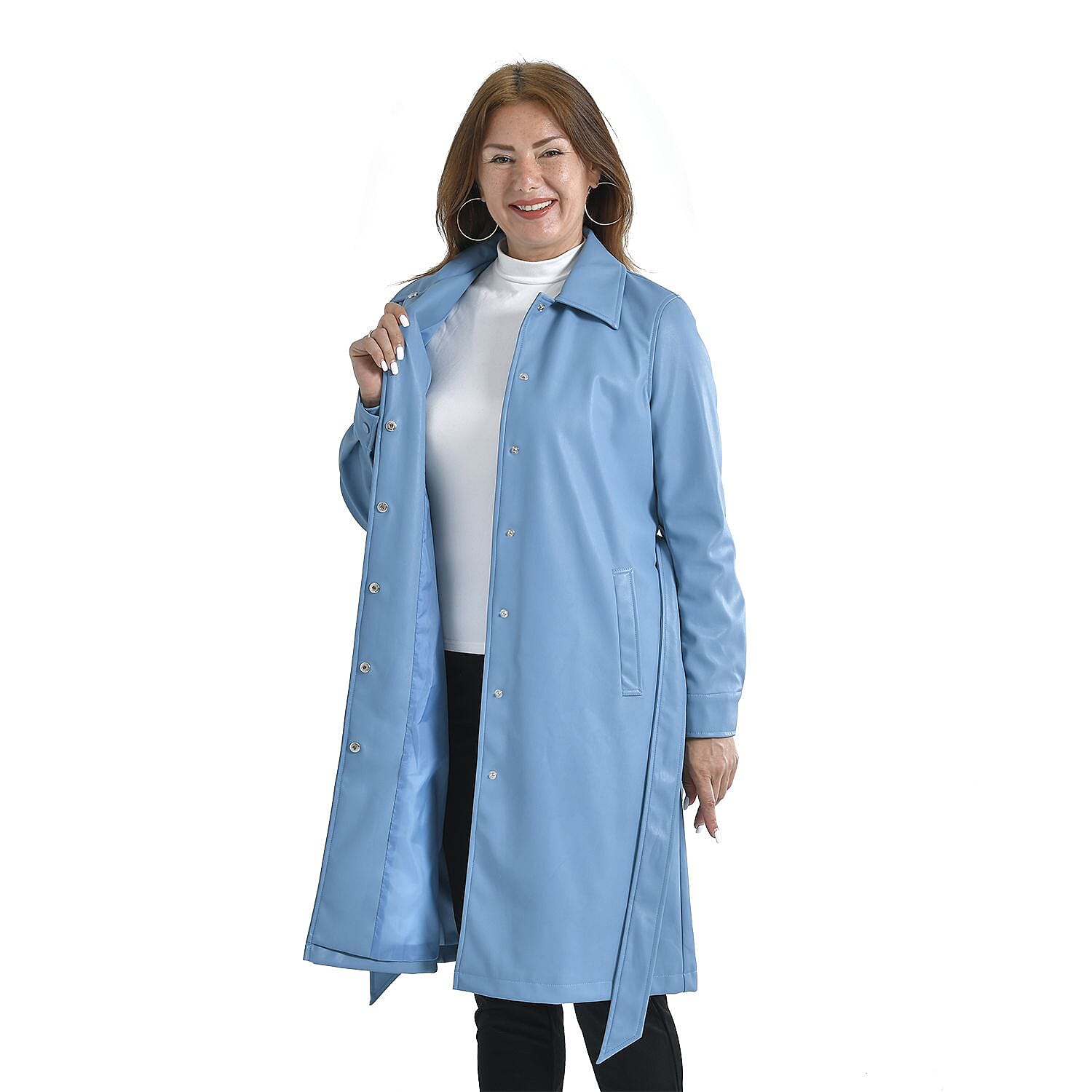 TAMSY Long Coat with Two Pockets and Adjustable Waist Belt - Black