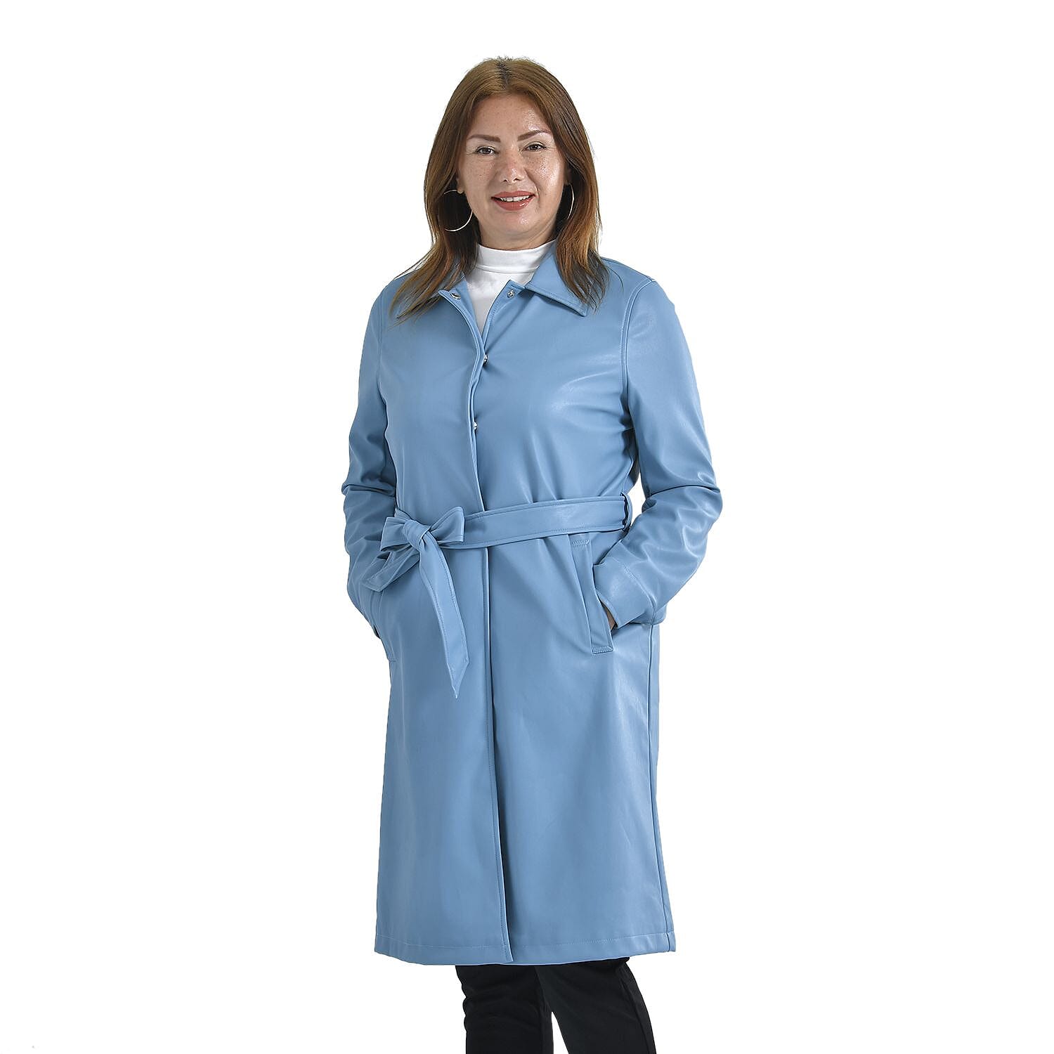 TAMSY Long Coat with Two Pockets and Adjustable Waist Belt - Black